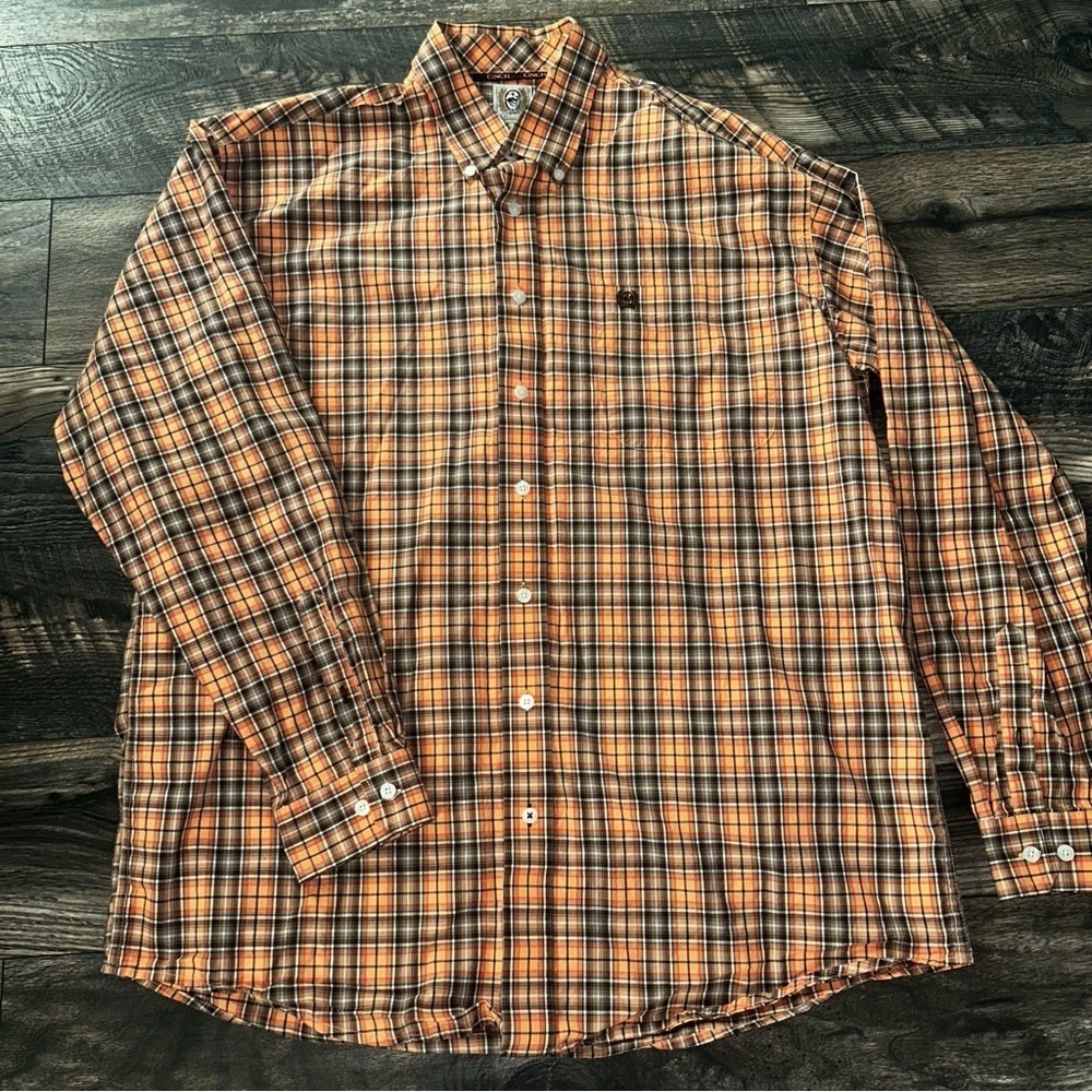Cinch Men's Orange Plaid Shirt Long Sleeve Cowboy Button Up Large